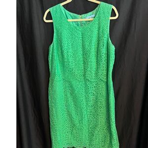 Antonio Melani sleeveless‎ knee length green lace sheath dress gold zip Size 14